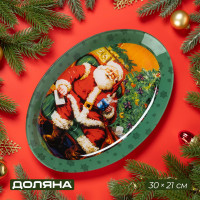 Блюдо новогоднее стеклянное овальное доляна «счастливый санта», 30x21 см
