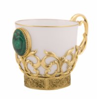 Набор кофейный "малахит" литье (тарель D140, чашка, ложка)  злат