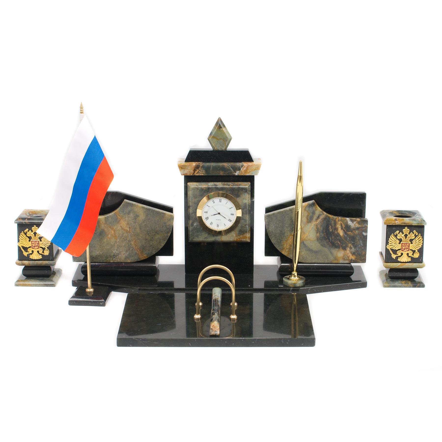 

Настольный набор с гербом и флагом России офиокальцит