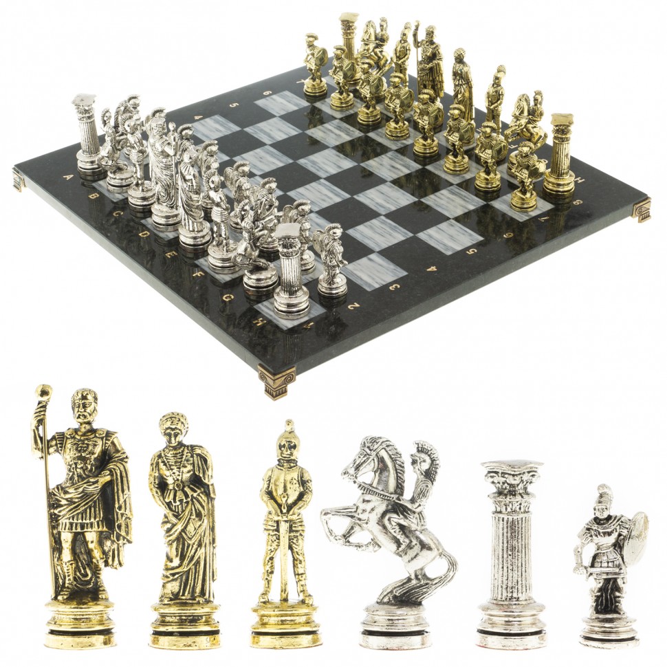 Шахматы подарочные "древний рим" доска 44х44 см мрамор с металлическими фи