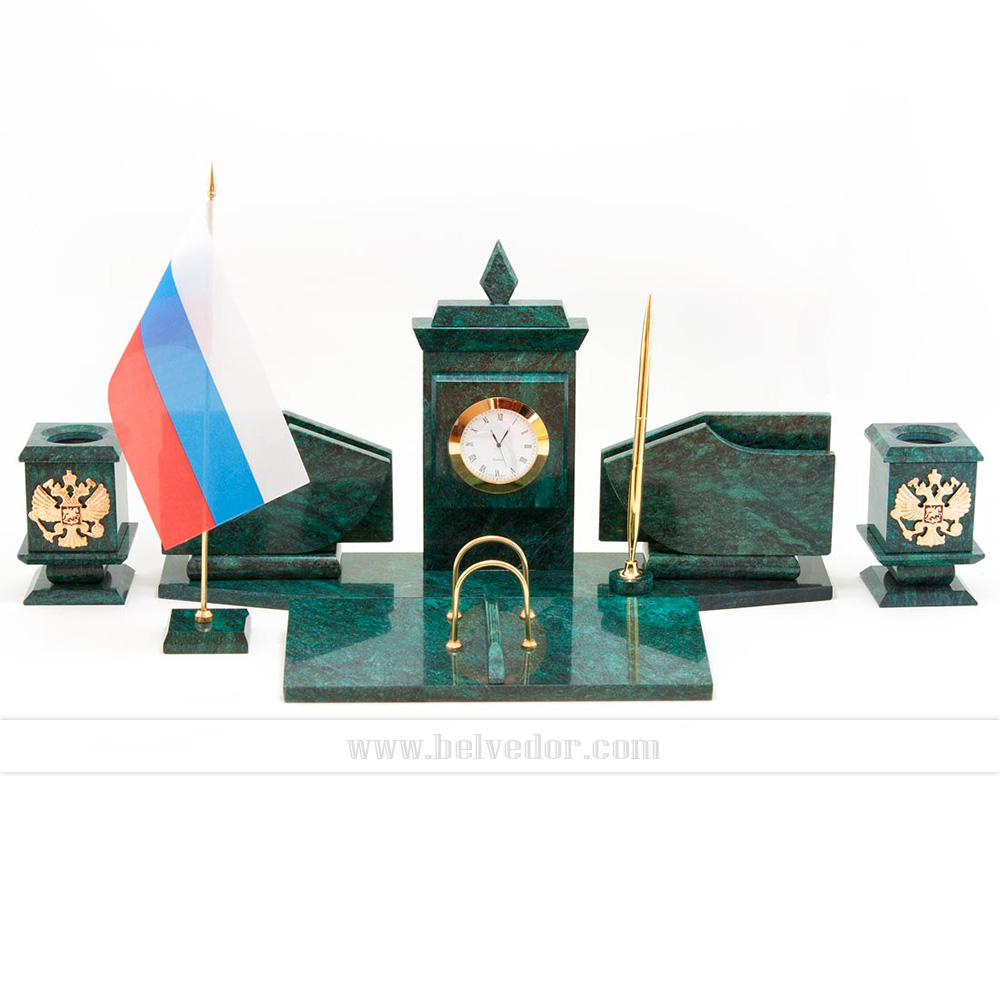 Настольный набор с гербом и флагом россии, змеевик