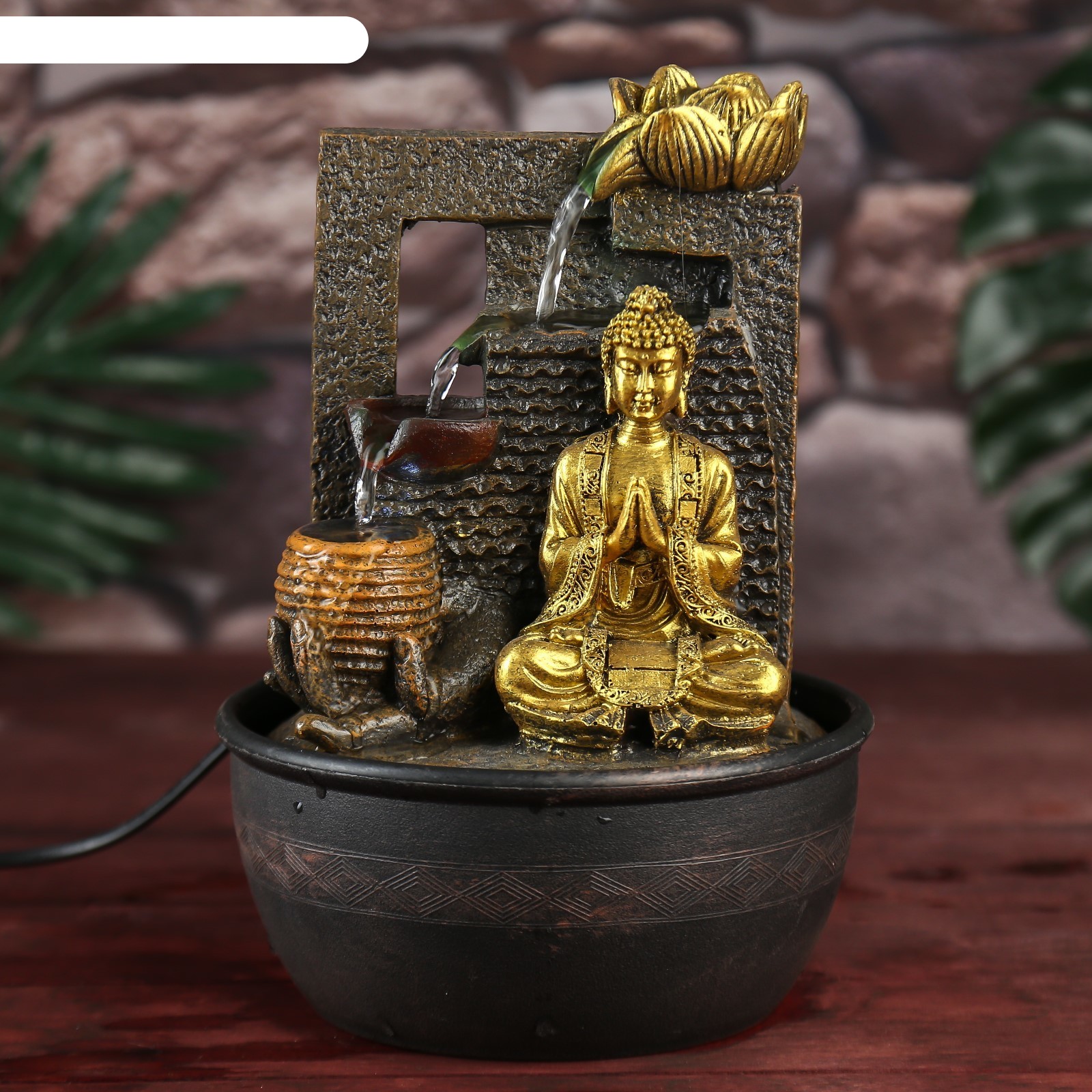 Фонтан настольный от сети будда в золотом наряде у водопада 28х19х19 см