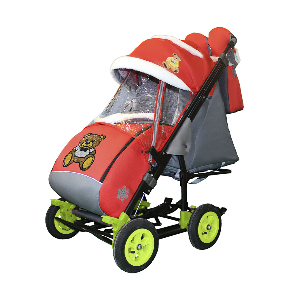 Санки-коляска Snow Galaxy City-3-2 мишка с бабочкой на красном на больших 